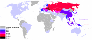 第二次世界大戦における犠牲者を各国の人口比から色分けした画像